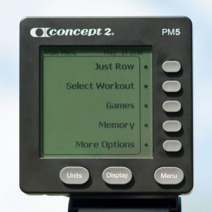 Closeup of the Concept2 PM5 backlit performance monitor on the RowErg®.